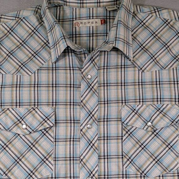 Roper Pearl Snap Western Shirt Mens 2XL Green Black Plaid Rodeo Cowboy Pockets - Picture 2 of 11
